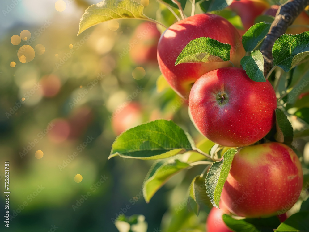 Red apples hanging on tree branches in sunlight at a tree orchard.