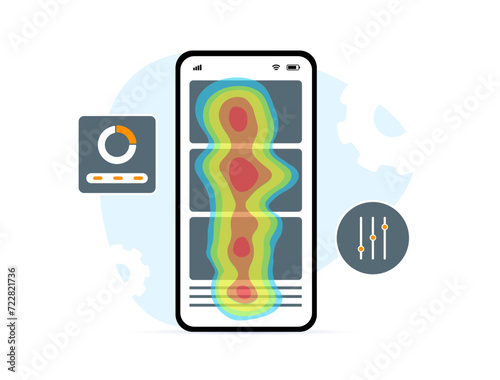Mobile App Heatmap. Visualize user interactions within the app. Website SEO analytics tool concept. Analyze finger movements and eye tracking heatmap for client behavior mobile devices
