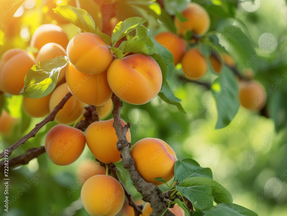 Sunlit apricots ready for harvest on tree branches.