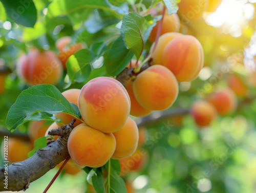 A cluster of ripe apricots on a tree in daylight.