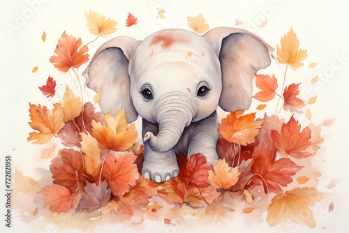 Cute elephant in autumn leaves. Hand drawn watercolor illustration.