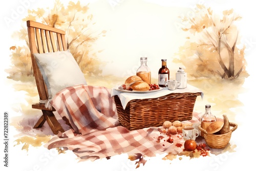 Picnic in the autumn forest. Watercolor hand drawn illustration.