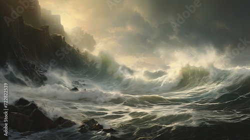 Dramatic sight, turbulent waves, imposing cliffs, crashing, relentless power, grandeur, stormy sea. Generated by AI.