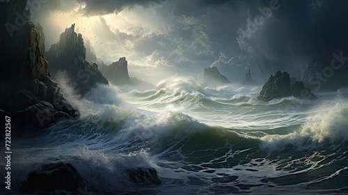 Nature's fury, stormy waves, rugged cliffs, fiercely collide, dramatic spectacle, power, turbulence. Generated by AI.