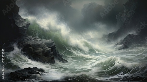 Tumultuous, stormy waves, rugged cliffs, crashing, fierce power, drama, tempestuous sea. Generated by AI. © Татьяна Лобачова