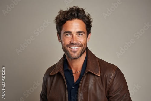 Portrait of a handsome smiling man in a brown leather jacket.