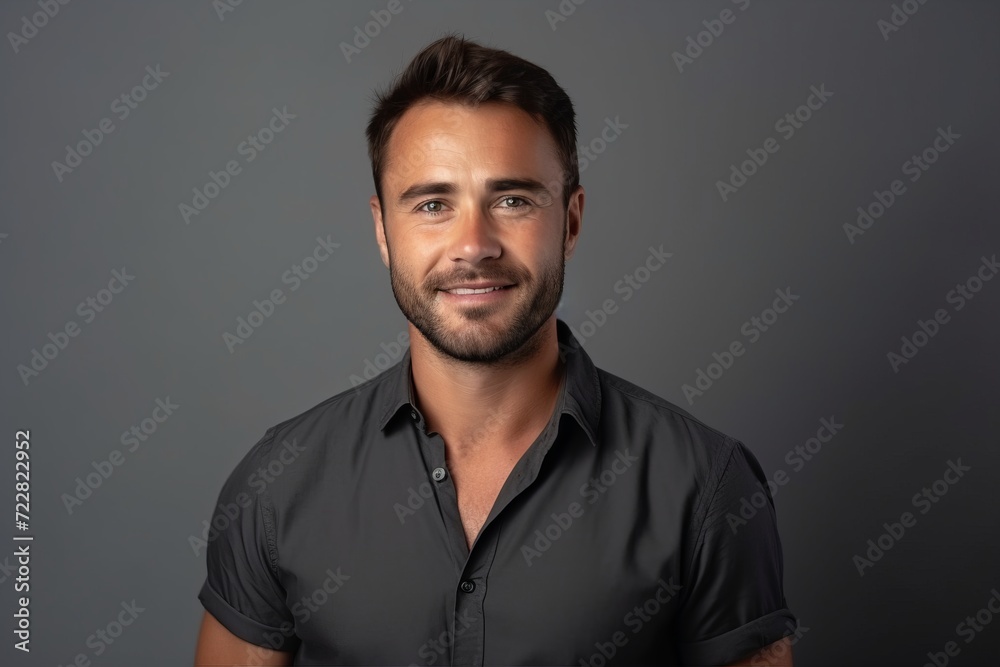 Portrait of a handsome young man in black shirt on grey background