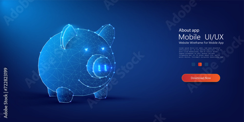 Digitalized piggy bank glows in neon blue, symbolizing modern savings and futuristic finance technology. Futuristic Digital Piggy Bank Concept in Blue Wireframe on Dark Background. Website Landing. photo