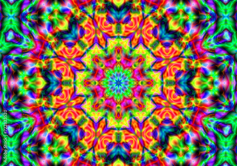 Fascinating kaleidoscope of colors that blend harmoniously, a vibrant show dynamics. Beautiful  colorful bokeh festive lights in kaleidoscope. Mosaic texture. Stained glass effect.