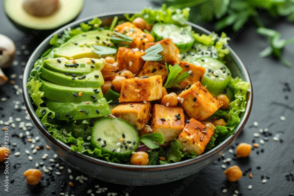 Fried Tofu Salad with avocado, chickpeas, cucumber and mushrooms. Fried Tofu Salad with avocado, chickpeas, cucumber and mushrooms.