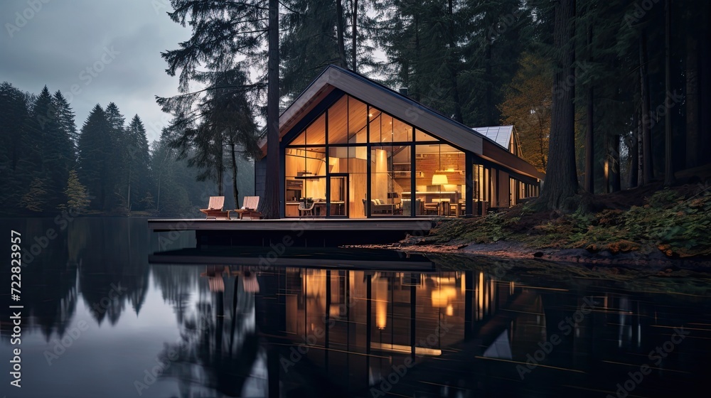 Fototapeta premium Quiet lakeside cabin embraced by tall, serene pine trees. Calm waterside retreat, peaceful forest enclave, secluded haven. Generated by AI.