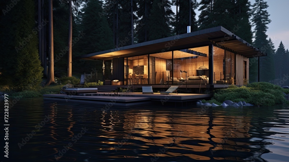 Peaceful cabin by the lake surrounded by towering pine trees. Tranquil waterside escape, secluded forest hideaway, serene retreat. Generated by AI.