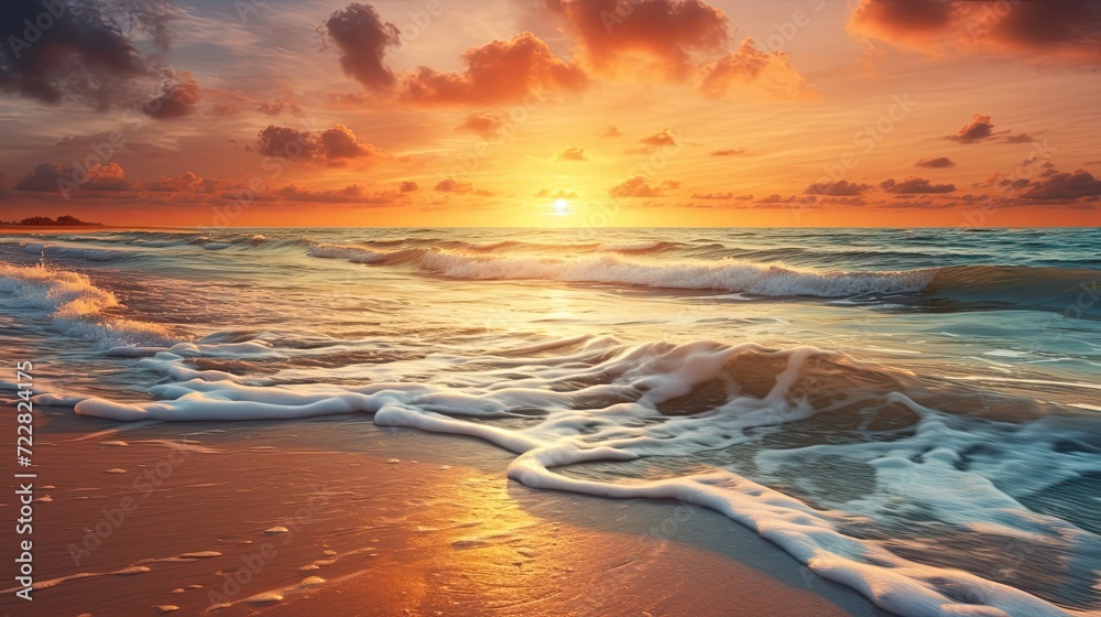 Nature's canvas is painted with a serene sunset over a sandy beach. Sunset beach, tranquil waves, sandy coast, coastal beauty. Generated by AI. Nature's canvas is painted with a serene sunset over a sandy beach. Sunset beach, tranquil waves, sandy coast, coastal beauty. Generated by AI.