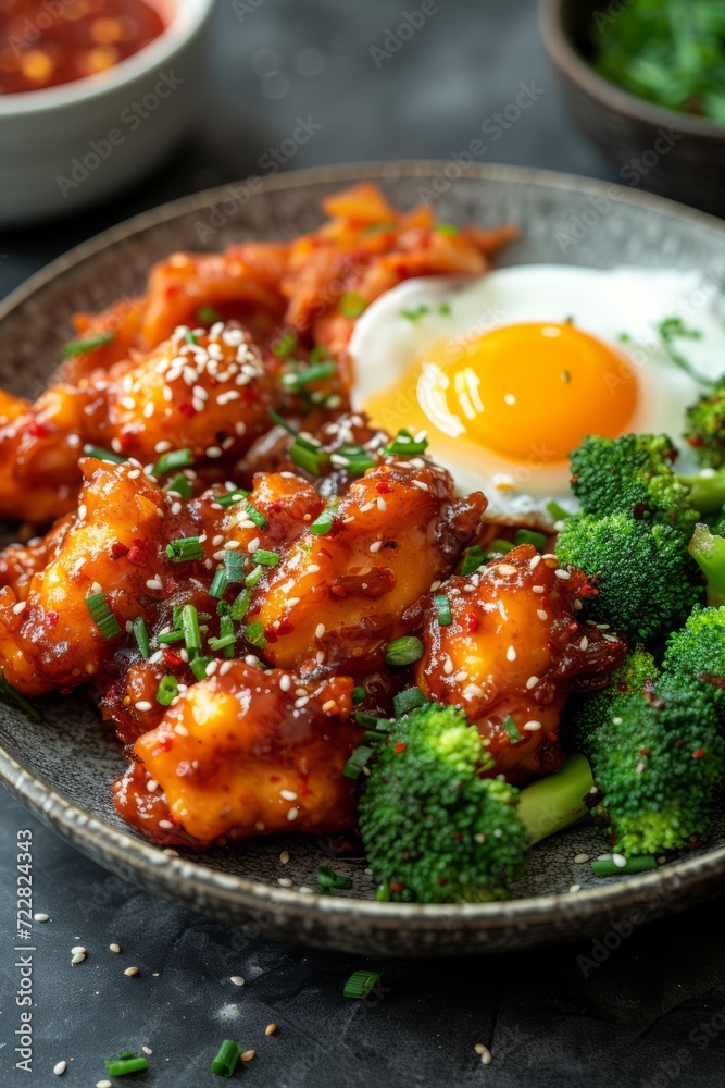 Korean fried chicken with kimchi, broccoli and egg Korean fried chicken with kimchi, broccoli and egg