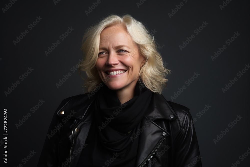 Portrait of happy senior woman in black leather jacket on dark background
