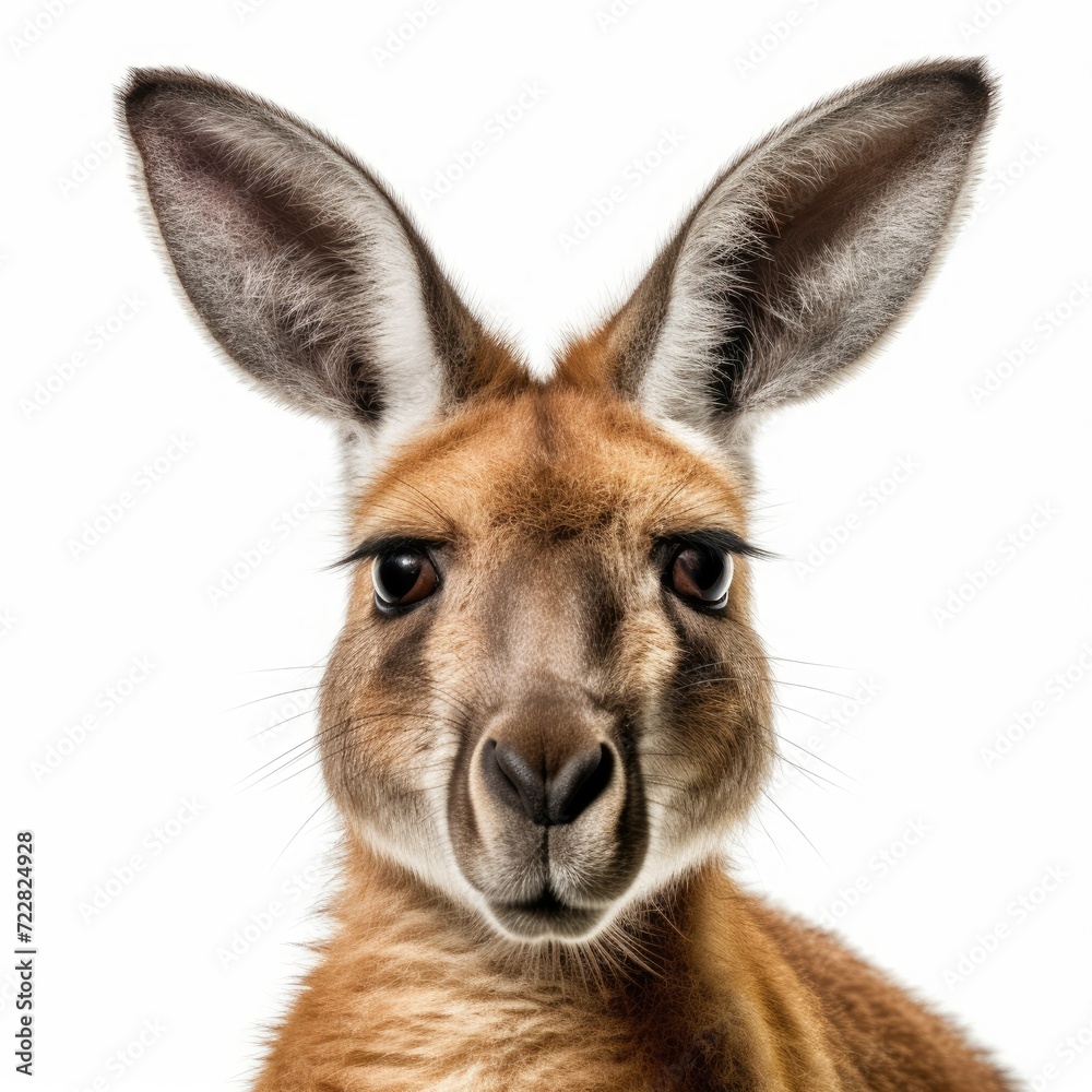 close up of a kangaroo looking up on white background 