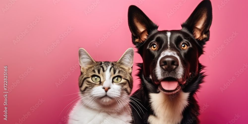close up dog and cat on a pink background, close up dog and cat on a pink background,