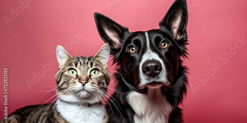 close up dog and cat on a pink background, 