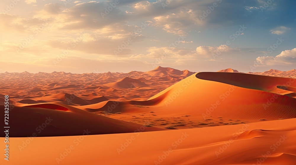 Endless sand dunes stretch across a solitary desert landscape under the vast, open sky, a captivating view of untouched wilderness and boundless horizons. Generated by AI.