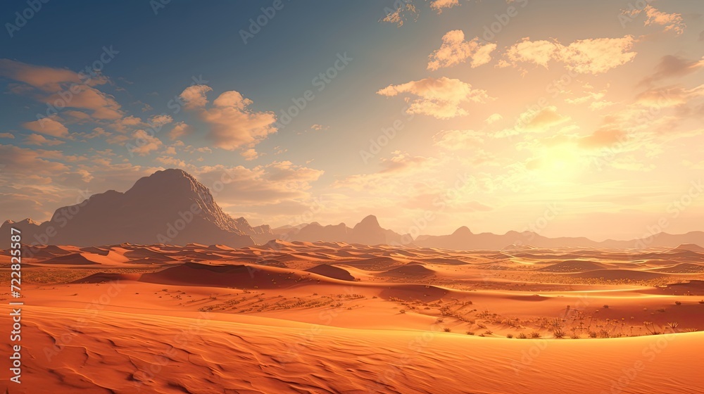Naklejka premium A picturesque scene unfolds in a solitary desert landscape, endless sand dunes meeting the vast sky, a display of untouched magnificence and boundless vistas. Generated by AI.