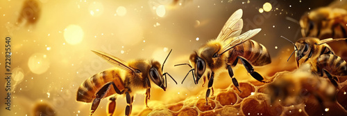  bees in Honeycomb on golden background, © Planetz