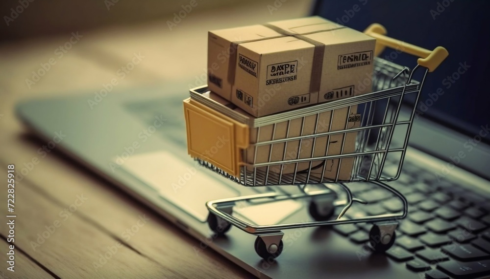 Parcel or Paper cartons with a shopping cart logo in a trolley on a laptop keyboard. Generative AI