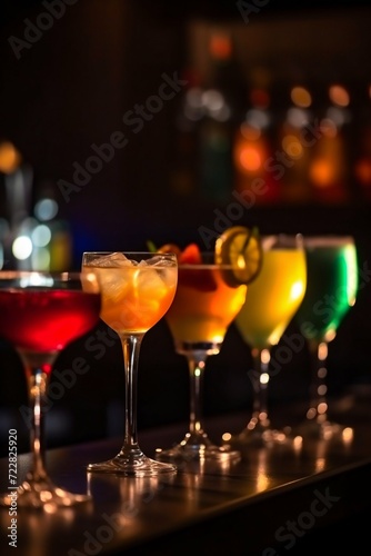 A row of exquisite alcoholic cocktails on the bar. Generative AI