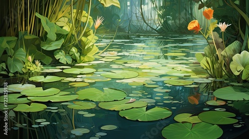 Pond surrounded by reeds and lily pads, where frogs add to the tranquil allure, creating a peaceful haven in nature. Serene pond, reeds, lily pads, frogs, tranquil allure. Generated by AI.