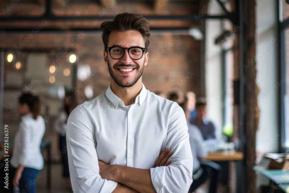 Office Respite: Smiling professional in a white shirt takes a moment to pose against a chic eatery backdrop during a pleasant coffee interlude. Generated AI Office Respite: Smiling professional in a white shirt takes a moment to pose against a chic eatery backdrop during a pleasant coffee interlude. Generated AI