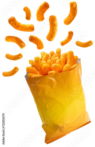 Fotografija Puffed corn snacks cheesy chips fly out of plastic snack bags isolated on white  background, Puff corn or Corn puffs cheese flavor on white PNG File