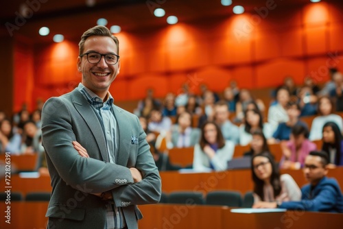 Smiling professor in sharp suit poses joyfully amidst a lecture hall, connecting with students in the background. Generated AI photo