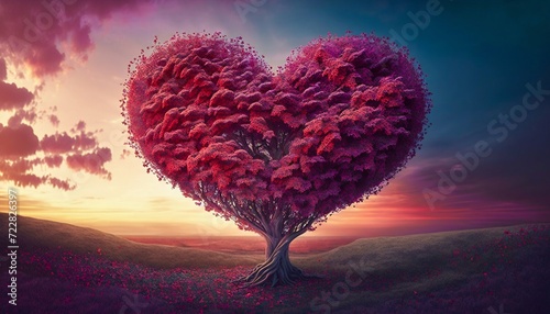 Tree of love in spring. Red heart shaped tree at sunset.Generative AI