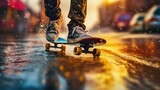 Legs on a skateboard close-up on a summer background. Generative AI