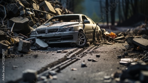 A destroyed broken-down car after an accident on the road. The destroyed house fell on the car. Earthquake. The car after accident photo