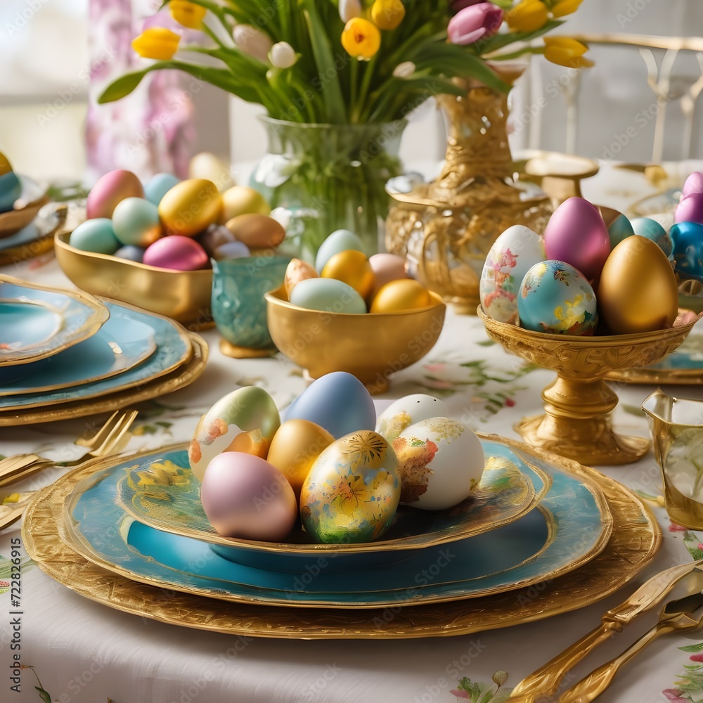 close up of pastel and gold easter eggs on plate, easter table setting close up of pastel and gold easter eggs on plate, easter table setting