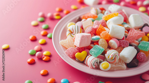 Studio shot of plastic plate full of candies