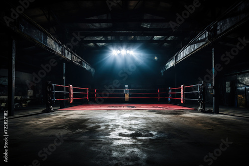 Empty gloomy boxing ring in the rays of spotlights. Generated by artificial intelligence