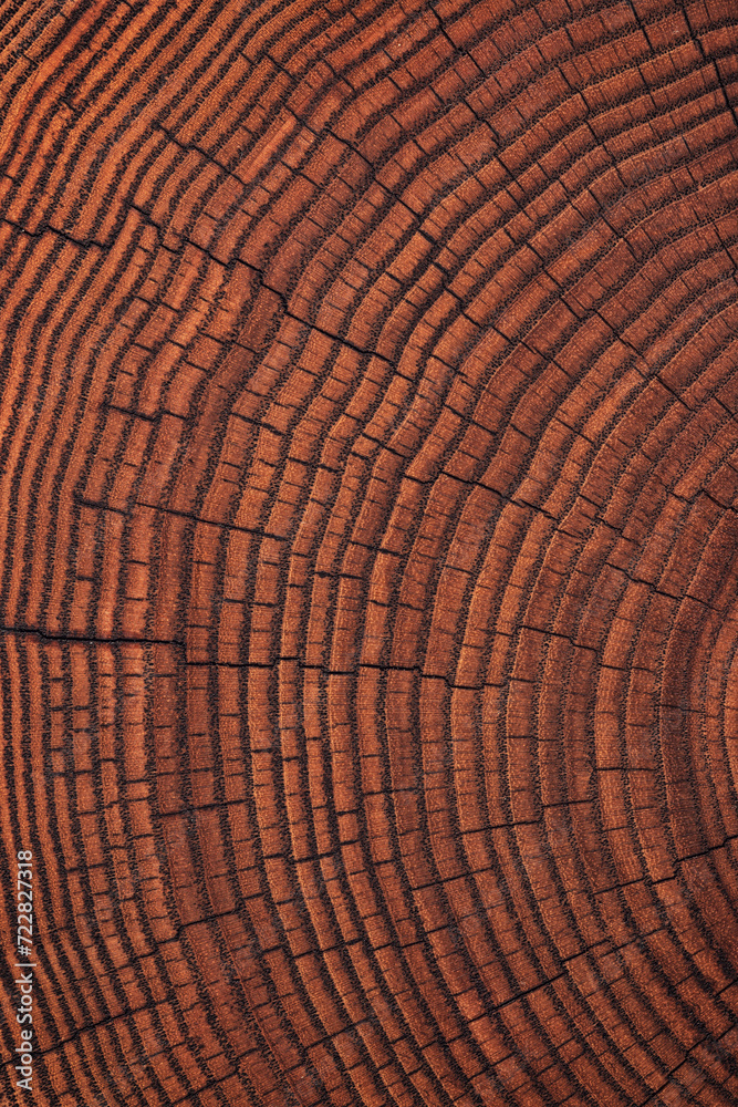 Fototapeta premium dark wood texture on a stump cut. annual rings old trunk background