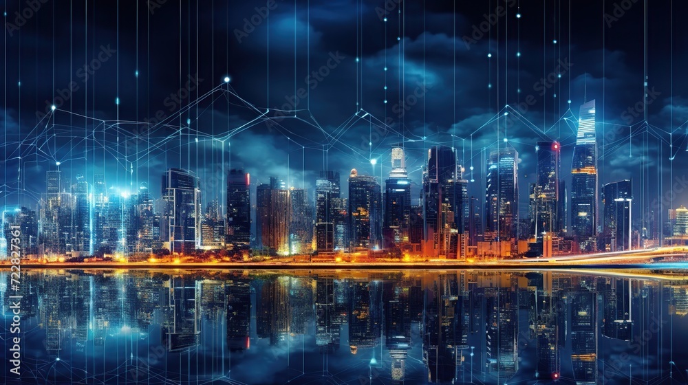 smart city skyline with network connections and high rise at night