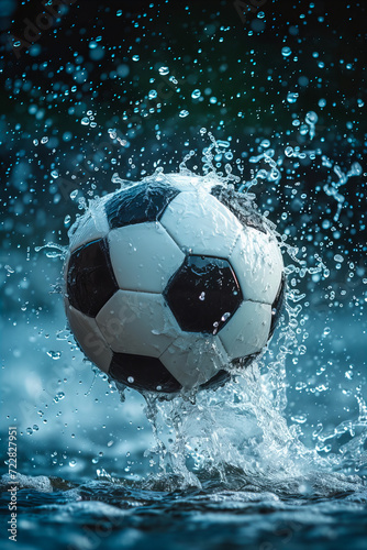 A kicked soccer or football ball in the air with water splash flying around. Dynamic look © Denis