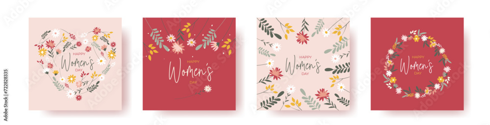 Set of 4 square greeting cards for international women's day with calligraphic hand written phrase. Women with flowers. Eight march. Hand drawn flat vector illustration	 - obrazy, fototapety, plakaty 