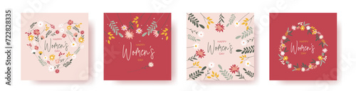 Set of 4 square greeting cards for international women's day with calligraphic hand written phrase. Women with flowers. Eight march. Hand drawn flat vector illustration 