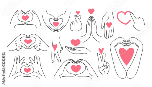 Love heart hand gesture set. Vector illustration. Big hand drawn collection of fingers showing hope, peace, charity, donation signs. Body language. Black line art with pink color.