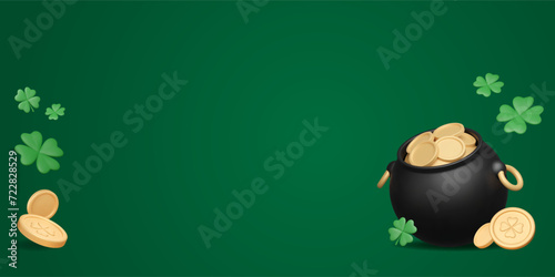 3D pot of gold, clover leaves and coins on green background with copy space. St. Patrick's day banner template with cauldron of treasure. Spring holiday flyer. Cartoon vector illustration.