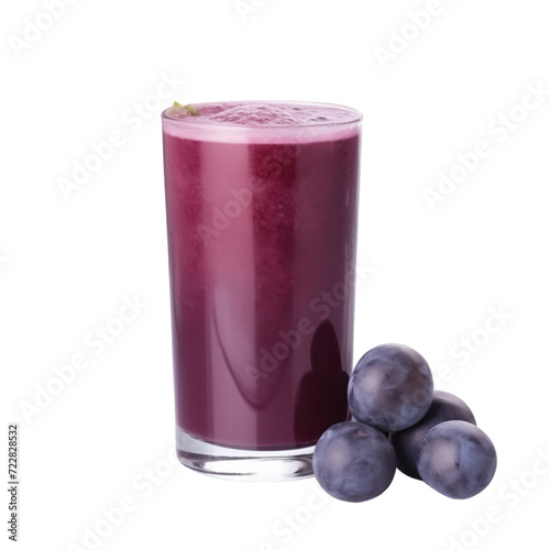glass of 100% fresh organic acai juice with sacs and sliced fruits png isolated on white background with clipping path. selective focus photo