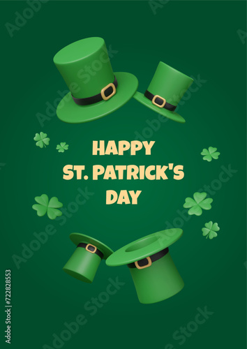 Happy St. Patrick's Day poster with various 3d leprechaun hats flying around text with clover leaves. Irish traditional elements. Banner template. Vector illustration in cartoon and plastic style.