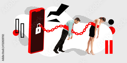 Contemporary art collage. Huge red telephone with lock on screen tied young man and woman to chain who trying to get away from it. Concept of digital detox, social media addiction, rest, burnout. Ad photo