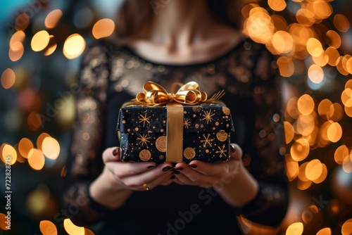 Woman with black elegant dress holding present gift box decorated golden ribbon on black background with gold bokeh, Generative AI  © Kuman Studio