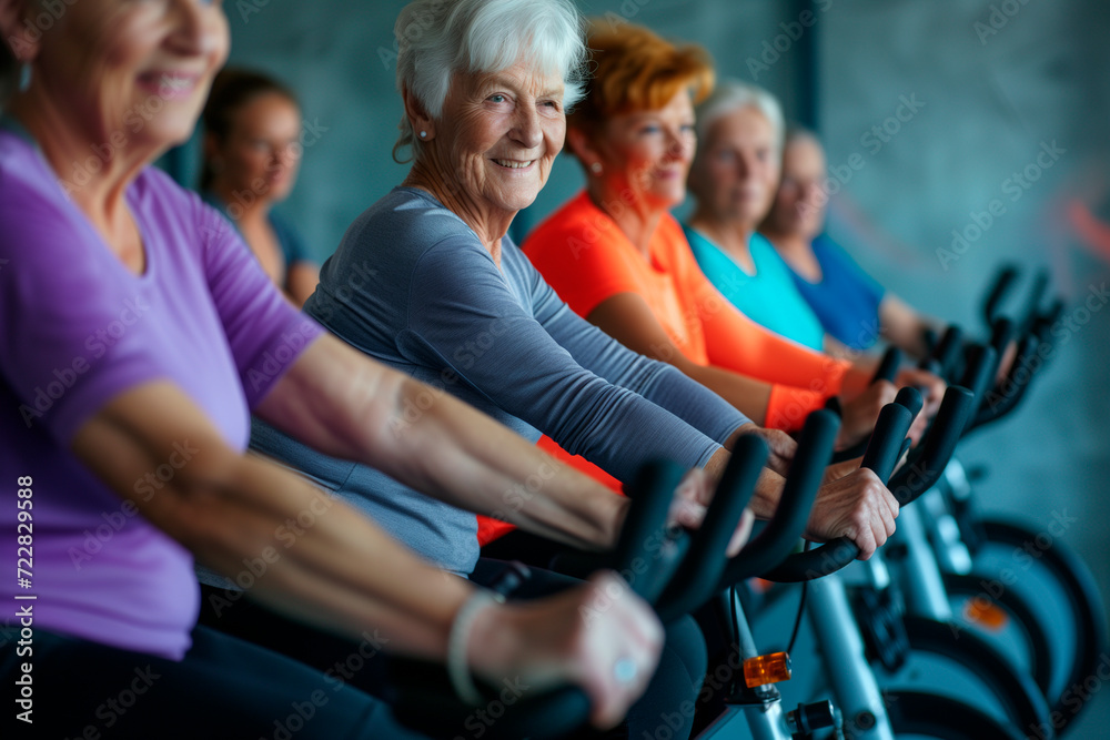 Confident seniors on exercise bikes in spinning class at gym Confident seniors on exercise bikes in spinning class at gym