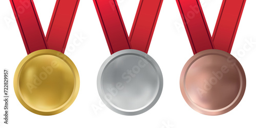 Set of Medals Vector. Golden, silver, bronze Badge. Sport Game Challenge Awards. Red Ribbon. Vector graphic design isolated illustration. Realistic illustration.